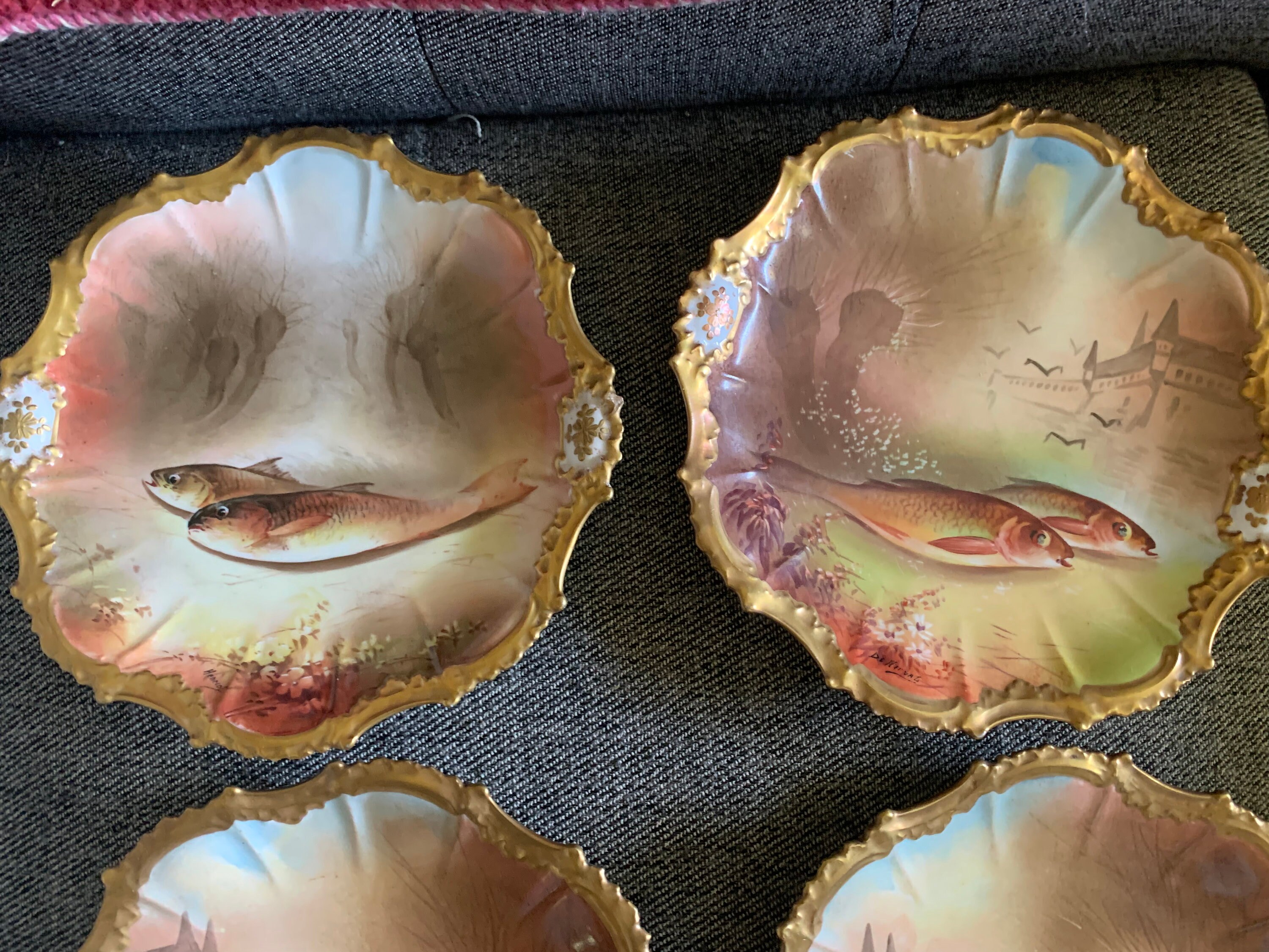 Antique Porcelain Limoges Hand Painted Fish Plates Encrusted Gold