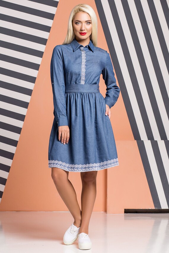 denim dress with lace trim