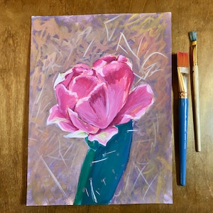 Prickly Pear Cactus Flower Bloom Original Gouche Painting | Hand-Painted Cactus Watercolor Art | Cactus Art Painting | Hand-Painted Art