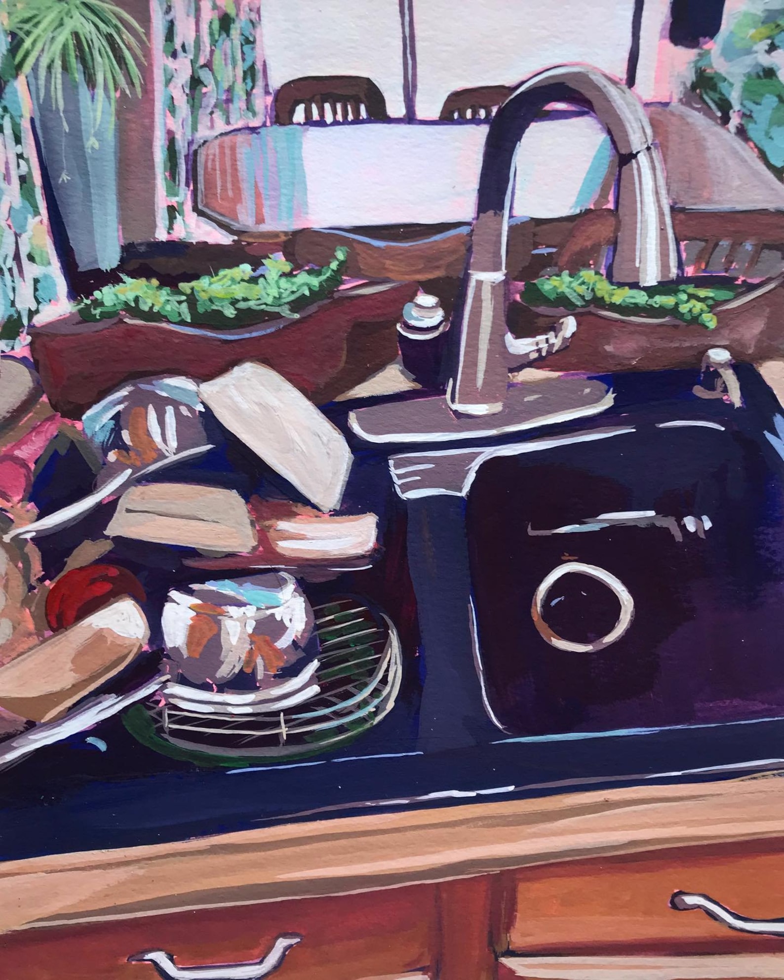 Kitchen Sink Full of Dishes Original Gouache Painting Handpainted