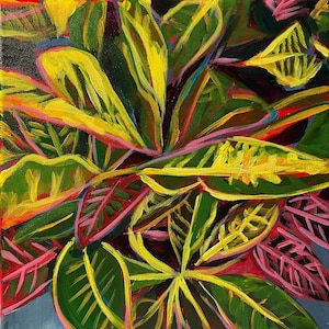 Croton House Plant Painting, Original Acrylic Painting, Halloween Artwork