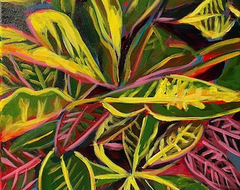 Croton House Plant Painting, Pintura acrílica original, Obra de arte de Halloween