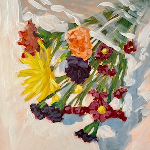 Kleurrijk bloemenboeket origineel schilderij | Handgeschilderde Flower Art | Snijbloem schilderen | Boeket Art | Gouache