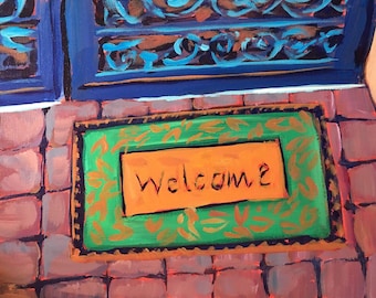 Peinture de tapis de bienvenue, peinture acrylique originale, peinture de porche avant