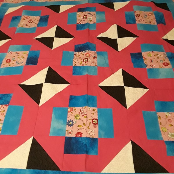 Unfinished Quilt Top.  Pink floral with butterflies.  Octogon shaped squares.