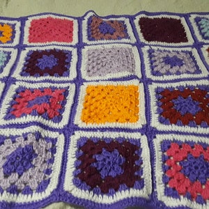 crochet blanket afghan purple granny squares soft white multi-colored spring colors