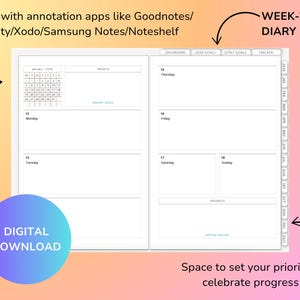 Könnte beinhalten: Digitales Wochenplaner-Tagebuch mit weißem Hintergrund. Das Tagebuch enthält Abschnitte für die Tagesplanung, Zielsetzung und Fortschrittsverfolgung. Der Text enthält "DIGITALER DOWNLOAD" und "WOCHEN-TAGEBUCH".
