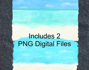 May include: A digital illustration of a beach scene with a blue sky, turquoise water, and white sand. The text "Includes 2 PNG Digital Files" is written on the image.