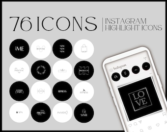 May include: A set of 76 black and white Instagram highlight icons with various text and symbols. The icons are displayed on a smartphone screen with the word "LOVE" in a square frame.