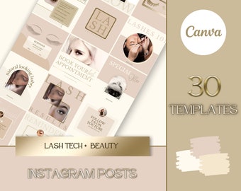 May include: A set of 30 Instagram post templates for lash technicians and beauty businesses. The templates feature a neutral color palette of beige and gold with images of eyelashes, eye makeup, and lash application. The text on the templates includes phrases like "Book Your Lash Appointment", "Special Offer", and "Follow Us on YouTube".