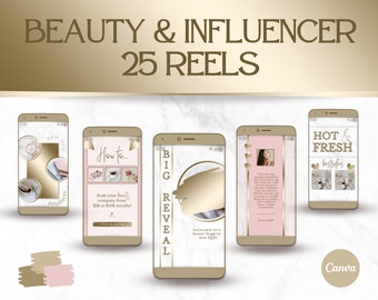 May include: A digital mockup of four mobile phone screens with pink and gold backgrounds. The screens display various marketing graphics for beauty and influencer content. The text on the screens includes "New Products", "How to... Scale your beauty company from $2k to $300k month!", "BIG REVEAL", and "HOT & FRESH bestsellers".