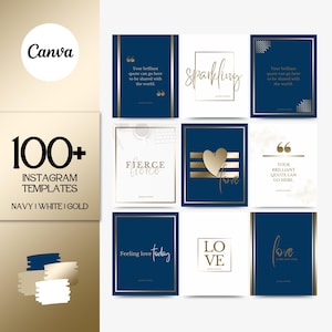 Branding Kit: 100 Luxury Instagram Templates in Navy Blue, Gold and White | Canva Social Media Templates | 1080x1350