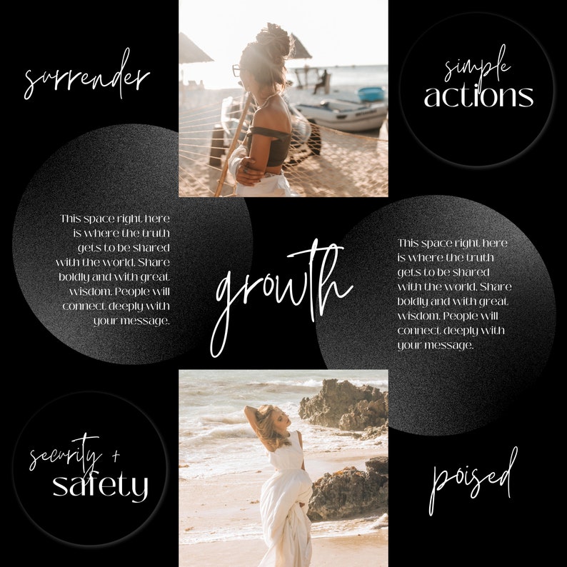 May include: A collage of images with text overlays. The text includes "surrender", "simple actions", "growth", "security + safety", and "poised". The images are of a woman in a black top and white pants standing on a beach, a woman in a white dress standing on a beach, and a woman in a black top and white pants standing on a beach.