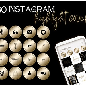 May include: A set of 30 gold and black Instagram highlight covers with various icons, including a microphone, quote marks, envelope, heart, sound wave, trophy, eyelashes, pin, email, shopping bag, star, and chat bubble. The icons are displayed on a black background. The text "30 INSTAGRAM highlight covers" is at the top of the image.