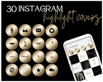 Könnte beinhalten: Ein Satz von 30 goldenen und schwarzen Instagram-Highlight-Covern mit verschiedenen Symbolen, darunter ein Mikrofon, Anführungszeichen, ein Umschlag, ein Herz, eine Schallwelle, eine Trophäe, Wimpern, eine Stecknadel, eine E-Mail, eine Einkaufstasche, ein Stern und eine Chat-Blase. Die Symbole werden auf einem schwarzen Hintergrund angezeigt. Der Text "30 INSTAGRAM highlight covers" befindet sich oben im Bild.