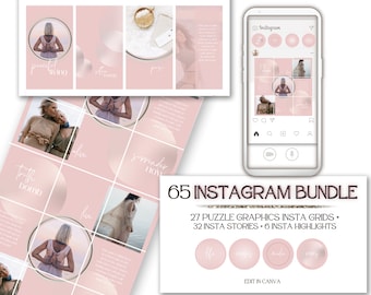 May include: A digital product bundle for Instagram featuring 65 templates in pink and white with text that says "65 Instagram Bundle", "27 Puzzle Graphics Insta Grids", "32 Insta Stories", "6 Insta Highlights", and "Edit in Canva".