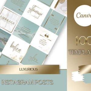 Branding Kit: 100 Luxury Instagram Post Social Media Templates in Green, Marble, Gold and White