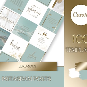 Branding Kit: 100 Luxury Instagram Post Social Media Templates in Green, Marble, Gold and White