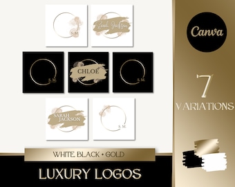 May include: Seven variations of a logo design template featuring a gold circle with a white background, a black circle with a white background, and a white circle with a black background. The logos include the text "S.M." and "Sarah Jackson". The text "CHLOE" is also included in one of the logos. The logos are designed in a minimalist style with a gold circle and a white or black background.