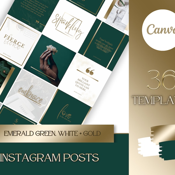 Branding Kit: 36 Luxury Instagram Grid Templates in Gold, White and Emerald Green | Coaches, Influencers, Beauty