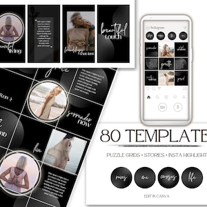 Instagram Puzzle Branding Bundle: 80 luxuriöses schwarzes Instagram Grid, Story Templates und Instagram Highlights in Canva