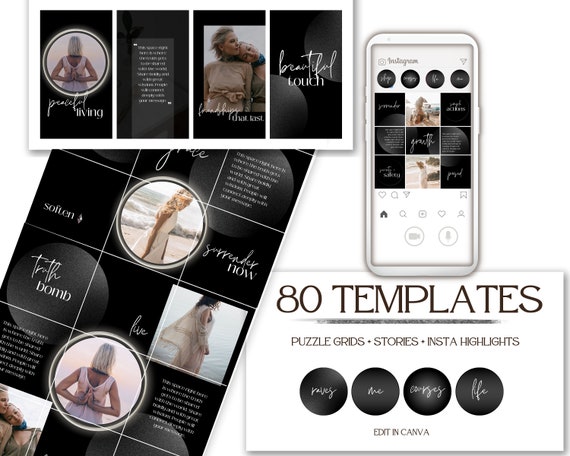 Instagram Puzzle Branding Bundle: 80 Luxury Black Instagram Grid, Story Templates and Instagram Highlights in Canva