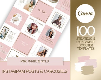 May include: A set of 100 pink, white, and gold Instagram post and carousel templates. The templates feature text such as "Work", "Name of Podcast", "How to love yourself first", and "Business Tips".