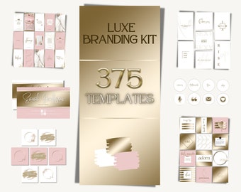 May include: A Luxe Branding Kit with 375 templates. The design features a gold and pink color scheme. The kit includes business cards, social media templates, and various design elements. The text includes "Sarah Jackson", "CHLOE", and other design-related words.