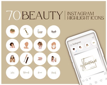May include: 70 Instagram highlight icons for beauty brands. The icons feature illustrations of makeup, skincare, and beauty products, as well as text labels like "Lashes", "Treatments", "Skincare", and "Products".
