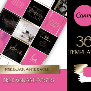 Branding Kit: 36 Luxury Instagram Grid Templates in Hot Pink Gold, Black and  White