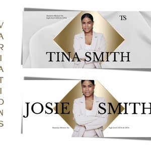 May include: Two business cards with a white background and a gold diamond shape in the center. The top card features a woman with dark hair and a white blazer. The text on the card reads "Business Mentor for high level CEOs & CFOs" and "TINA SMITH". The bottom card features a woman with dark hair and a white blazer. The text on the card reads "Business Mentor for high level CEOs & CFOs" and "JOSIE SMITH".