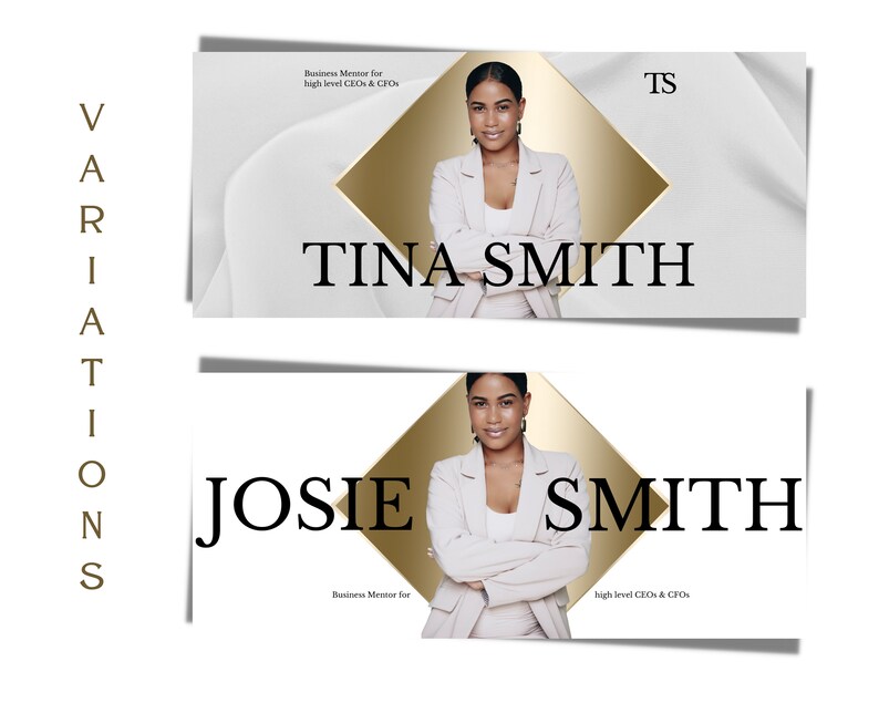 May include: Two business cards with a white background and a gold diamond shape in the center. The top card features a woman with dark hair and a white blazer. The text on the card reads "Business Mentor for high level CEOs & CFOs" and "TINA SMITH". The bottom card features a woman with dark hair and a white blazer. The text on the card reads "Business Mentor for high level CEOs & CFOs" and "JOSIE SMITH".
