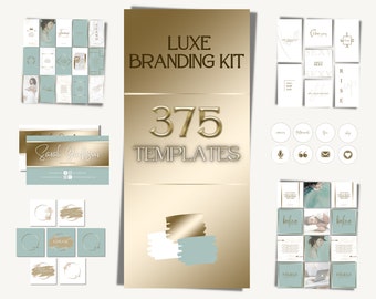 May include: A gold and white branding kit with 375 templates. The kit includes social media graphics, logos, and other branding elements. The text "LUXE BRANDING KIT" and "375 TEMPLATES" is displayed in gold lettering.