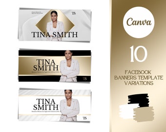 May include: A set of 10 Facebook banner templates featuring a woman in a white blazer with the text "TINA SMITH" and "Business Mentor for High Level CEOs & CFOs". The templates have different color backgrounds, including white, black, and gold.