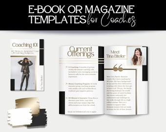 May include: A magazine cover template for coaches with a gold and black color scheme. The cover features a photo of a woman with the text "Coaching 101" and "Current Offerings" on the cover. The text "Meet Tina Biteler" is also on the cover.