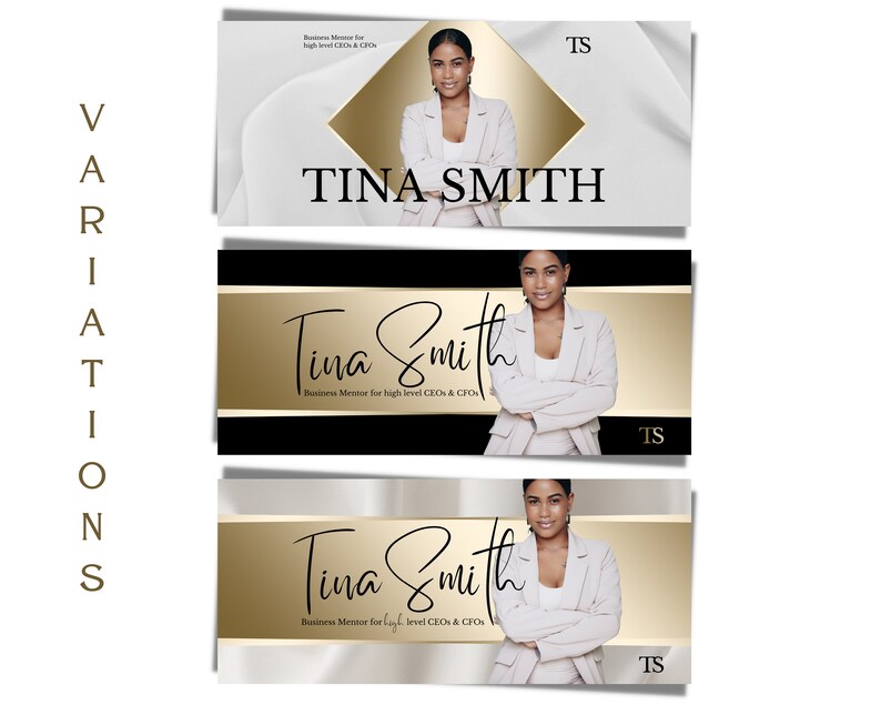 May include: A business card with a gold background and a white border. The text "Tina Smith" is in black letters. The text "Business Mentor for high level CEOs & CFOs" is in smaller black letters. The initials "TS" are in the top right corner.