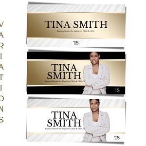 May include: Three variations of a business card with a gold and black color scheme. The card features a woman's headshot, the text "Tina Smith", and the words "Business Mentor for high level CEOs & CFOs". The initials "TS" are also included on the card.