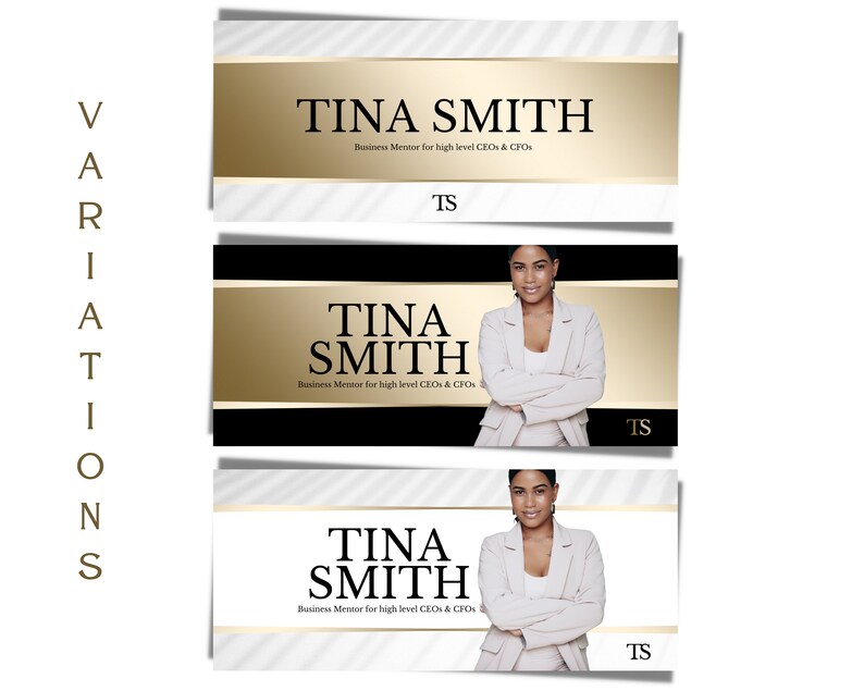 May include: Three variations of a business card with a gold and black color scheme. The card features a woman's headshot, the text "Tina Smith", and the words "Business Mentor for high level CEOs & CFOs". The initials "TS" are also included on the card.