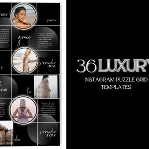 May include: A black and white Instagram puzzle grid template with 36 squares. The template features a variety of images and text, including the words "play now", "grace", "power", "surrender now", "soften", "truth bomb", "live", "alive", and "36 LUXURY INSTAGRAM PUZZLE GRID TEMPLATES".