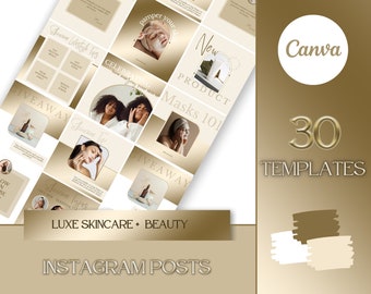 Luxury Skincare Instagram Post: 30 Neutral Instagram Grid Templates In Gold & White | Beauty | Esthetician