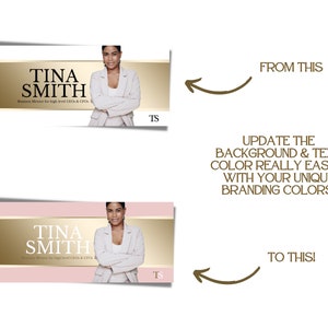 May include: A business card with a pink and gold background featuring a woman in a white blazer with her arms crossed. The text on the card reads "Tina Smith, Business Mentor for high level CEOs & CFOs".