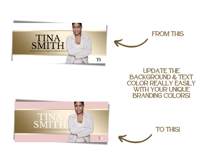 May include: A business card with a pink and gold background featuring a woman in a white blazer with her arms crossed. The text on the card reads "Tina Smith, Business Mentor for high level CEOs & CFOs".