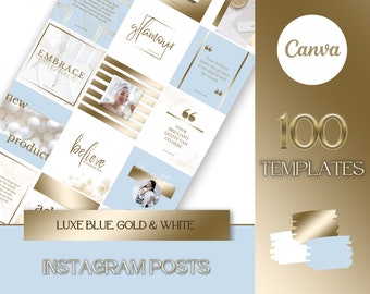 100 Luxury Instagram Grid Templates in Light Blue, Gold and White | Beauty | Esthetician | Coach