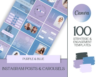 May include: A collection of 100 purple and blue Instagram post and carousel templates for social media marketing. The templates feature a variety of designs, including text boxes, images, and graphics. The text on the image reads "100 Strategic & Engagement Templates".
