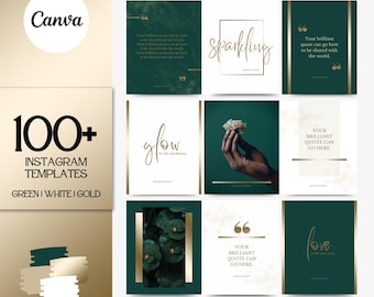 Branding Kit: 100 Luxury Instagram Grid Templates in Gold, White and Emerald Green | Coaches, Influencers, Beauty
