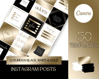 May include: A set of 50 Instagram post templates in black, white, and gold. The templates feature various designs with text such as "adorn", "glam", "work play repeat", "wild", "glamour", and "energy tips".