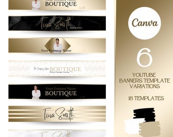 May include: Six YouTube banner templates with 18 variations. The banners feature a gold and black color scheme with text that says "Your Company Name Boutique" and "Tina Smith Coach & Mentor". The Canva logo is also visible in the image.
