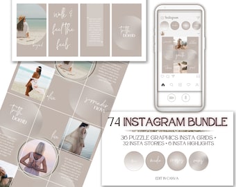 May include: A set of 74 Instagram templates for social media. The templates include 36 puzzle graphics, 32 Instagram stories, and 6 Instagram highlights. The templates are designed in a neutral color palette with a modern aesthetic. The text on the templates includes the words "walk & feel the feed", "truth bomb", "surrender now", "live", "me", "media", "compas", and "ravey".