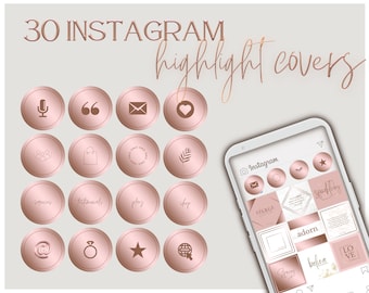 Pode incluir: Trinta capas de destaque do Instagram em ouro rosa com vários ícones, incluindo um microfone, aspas, um envelope, um coração, um grupo de pessoas, uma sacola de compras, uma etiqueta de venda, uma folha, um e-mail, um anel, uma estrela e um microfone com uma fita. Os ícones são exibidos em um fundo branco. O texto "30 INSTAGRAM highlight covers" está na parte superior da imagem. A imagem também mostra um smartphone com uma pré-visualização das capas de destaque no aplicativo Instagram.