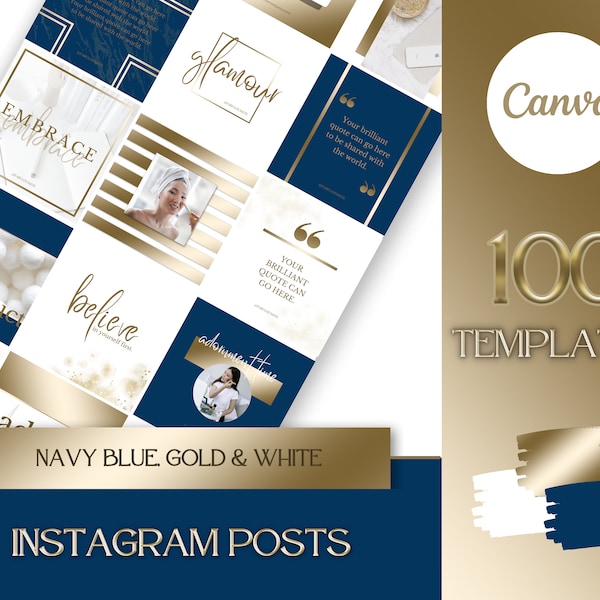 Branding Kit: 100 Luxury Instagram Templates in Navy Blue, Gold and White | Canva Social Media Templates
